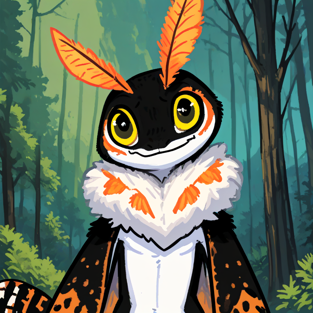 00119-solo, anthro, male, moth, gecko, black body, white countershading, orange markings, yellow eyes, white neck fluff, orange moth a.png